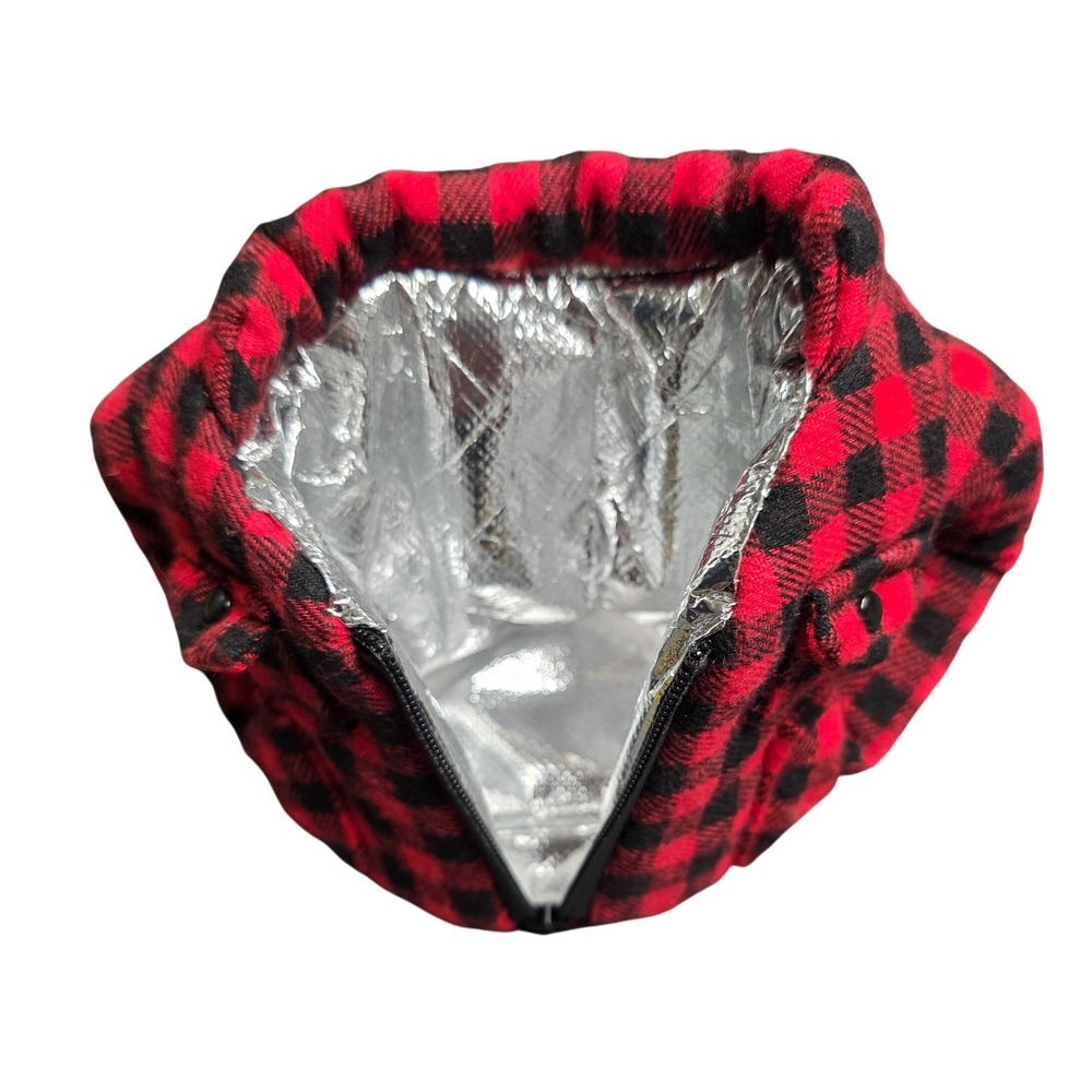 Puffin Insulated Can‎ Cooler Drink Koozie Red Black Buffalo Plaid Flannel Jacket